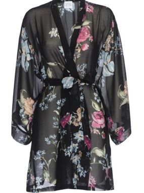 Sheer Floral Kimono Swim Coverup in Black with Pink & Blue Blooms